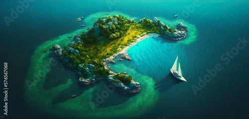 Aerial view.illustration of tropical island and blue smooth sea,ocean and sailboat for Summer holiday or vacation concepts.long banner size design.generative ai technology