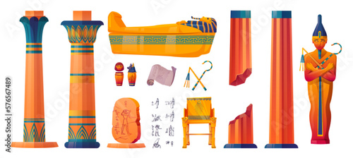 Cartoon set of Egyptian temple interior design elements isolated on white background. Vector illustration of ancient sarcophagus, pharaoh statue, golden throne, antique pillars, manuscripts and vases