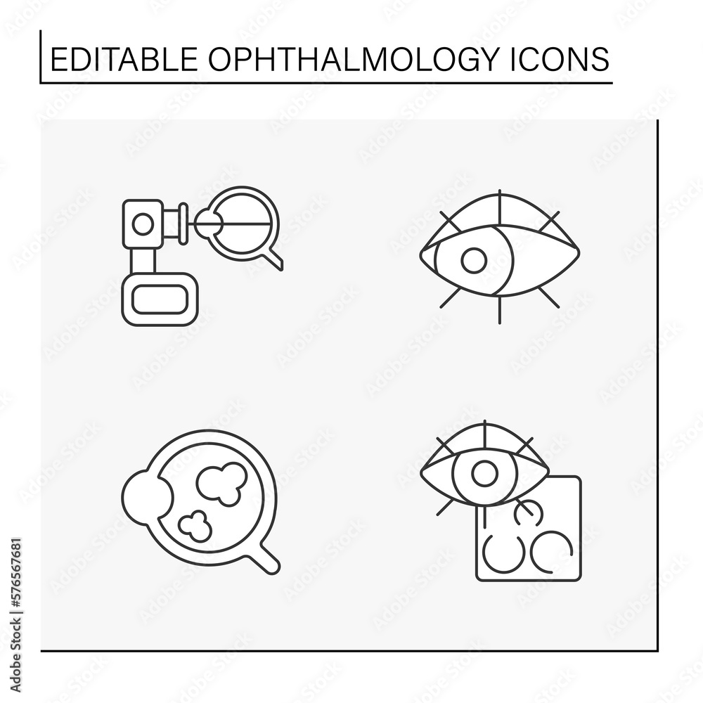 Ophthalmology line icons set. Medical specialty dealing with function and diseases of eyes. Medicine concepts. Isolated vector illustrations. Editable stroke