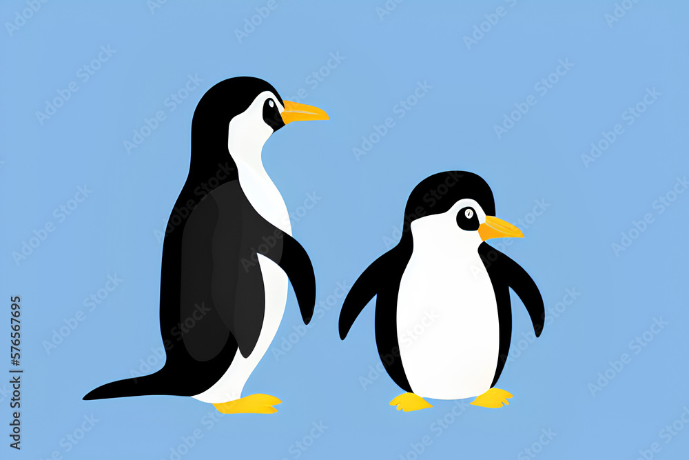 Cute Two Penguins Art on blue background created with generative ai technology Cute Two Penguins Art on blue background created with generative ai technology