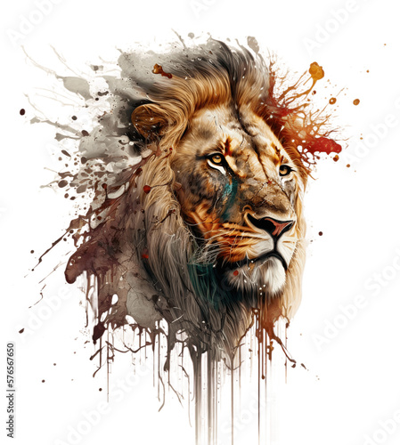 Lion head portrait in color splash vibrant, captured up close