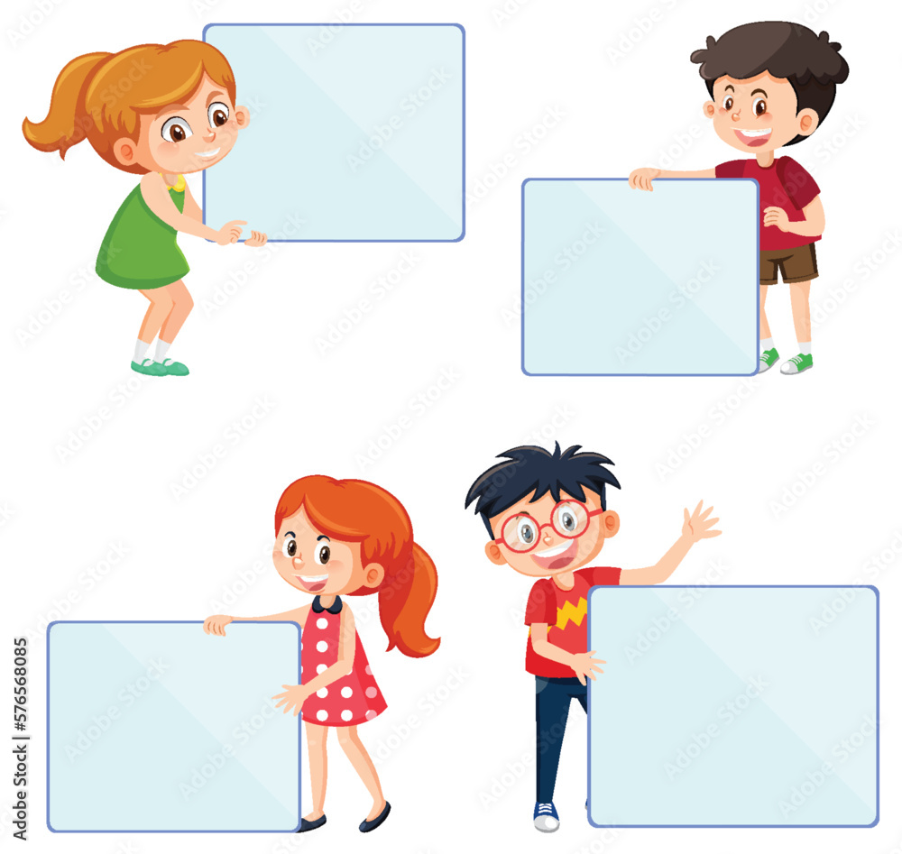 Set of kid cartoon character with empty board Set of kid cartoon character with empty board