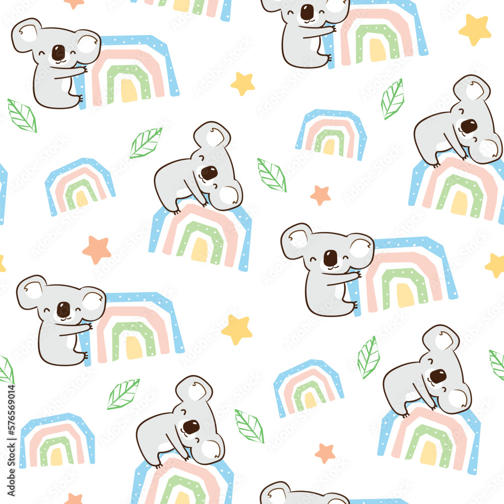 Seamless Pattern of Cartoon Koala Bear and Rainbow Design on White Background Seamless Pattern of Cartoon Koala Bear and Rainbow Design on White Background
