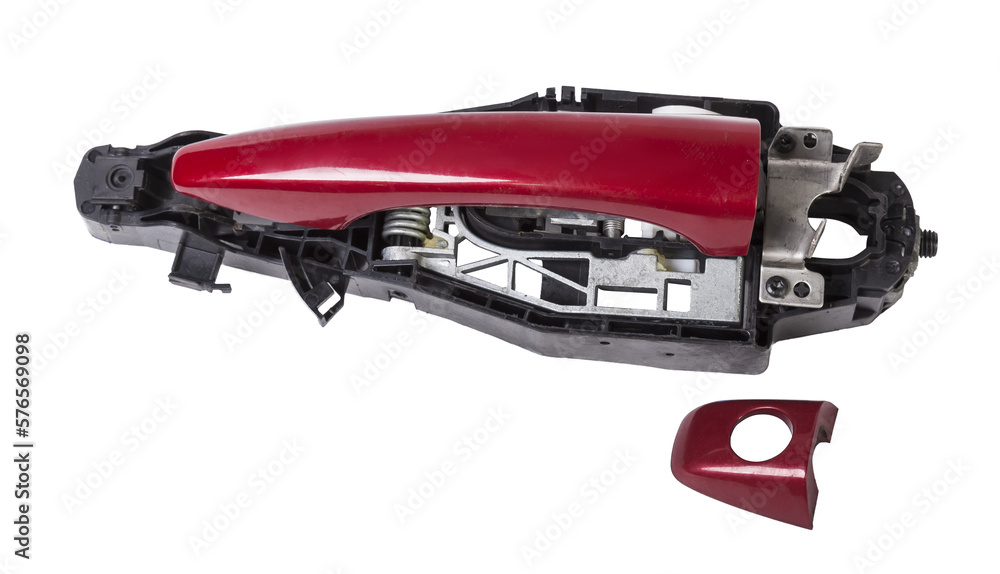 Spare part and body element outer handle of opening a door from a car on a white isolated background. Auto service industry. Spare part and body element outer handle of opening a door from a car on a white isolated background. Auto service industry.