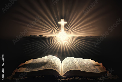 the essence of faith and spirituality, as a Bible rests under the radiant light of a cross. The warm glow of the light illuminates the pages of the Bible, creating a sense of peace  Generative AI photo