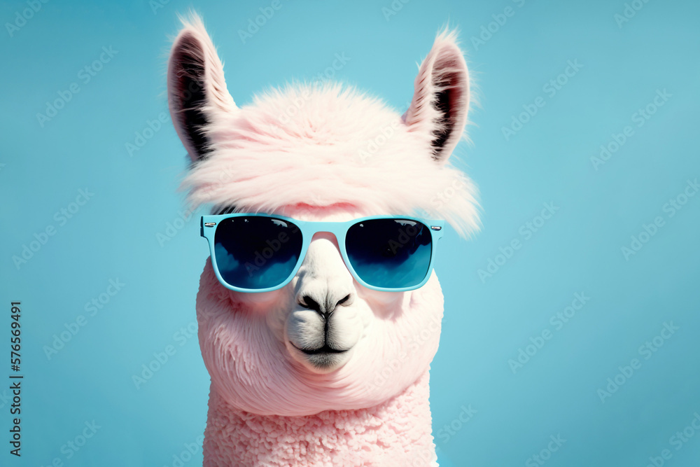 Funny pink alpaca in sunglasses on blue background