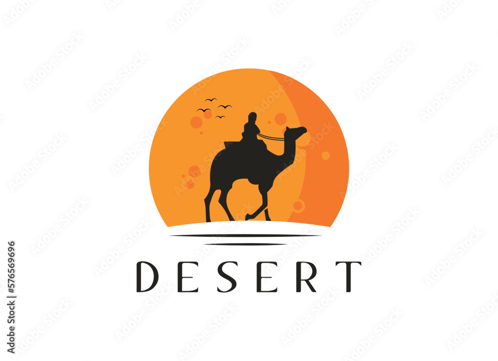 Obraz premium Arabian Logo caravan Camels in desert dunes. Camel Logo design template. 