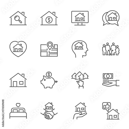 house of big family icon, simple thin line icons set