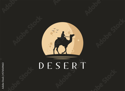 Arabian Logo caravan Camels in desert dunes. Camel Logo design template. 