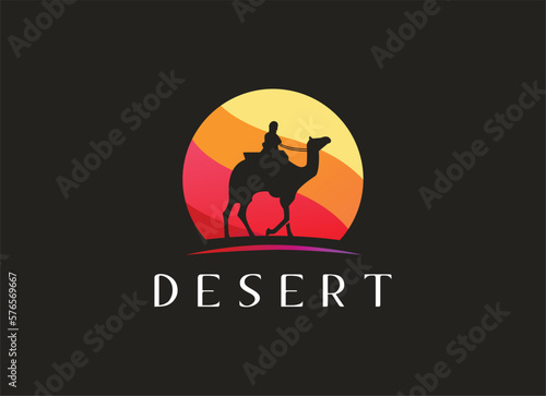 Arabian Logo caravan Camels in desert dunes. Camel Logo design template. 