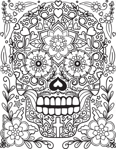 Sugar Skull flowers for Halloween or Day of the dead with flower elements. Hand drawn. Doodles art for greeting cards, invitation or poster. Coloring book for adult and kids.
