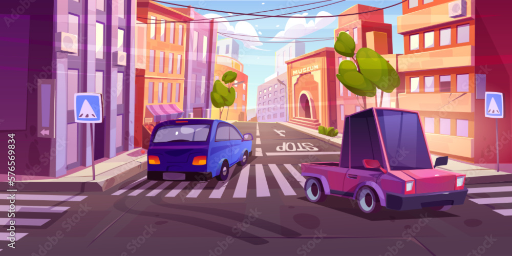 City street with cars on road intersection. Urban landscape with houses, museum building, market and vehicles on road. Summer cityscape with street traffic, vector cartoon illustration