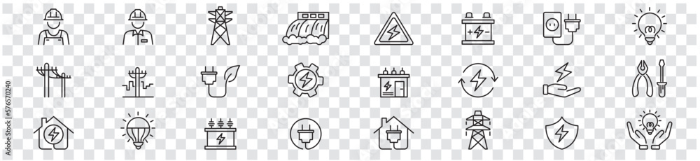 Electricity set of icons. Vector icons in flat linear. - obrazy, fototapety, plakaty 