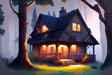 Wooden house in the forest at night. Illustration for your design, scary house at night, fable house, fairy tale house