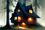 Wooden house in the forest at night. Illustration for your design, scary house at night, fable house, fairy tale house