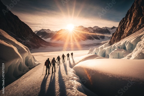 Glacier Country with a small group of People. Generative ai.