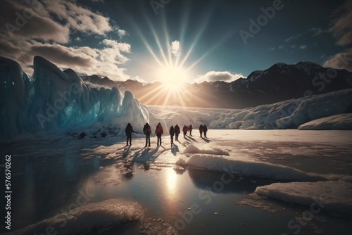 Glacier Country with a small group of People. Generative ai.