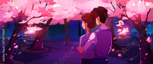 Romantic couple dating in sakura park. Vector cartoon illustration of young man and woman in love hugging, looking at cherry blossom trees blooming with neon pink flowers, petals flying in air