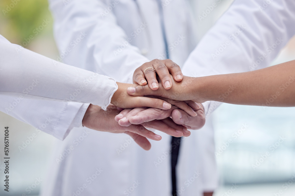 Doctors, nurses or hands stack in hospital motivation, team building or medical mission for goals, community or support. Zoom, women or healthcare diversity in teamwork circle or collaboration huddle Doctors, nurses or hands stack in hospital motivation, team building or medical mission for goals, community or support. Zoom, women or healthcare diversity in teamwork circle or collaboration huddle