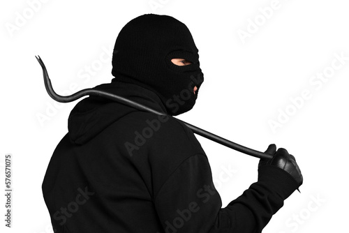 Foto Thief in black balaclava and clothes with handcuffs isolated on white