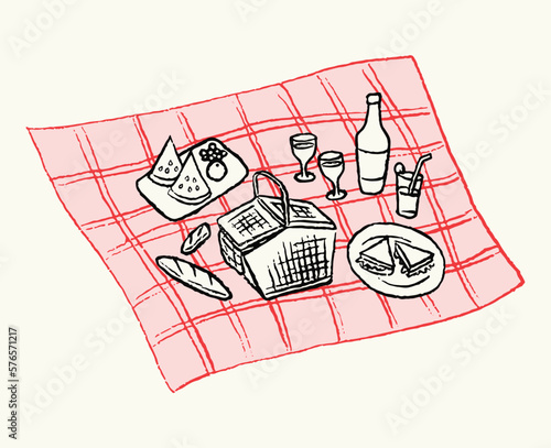 Aesthetic Hand-Drawn picnic scene illustration line art vector