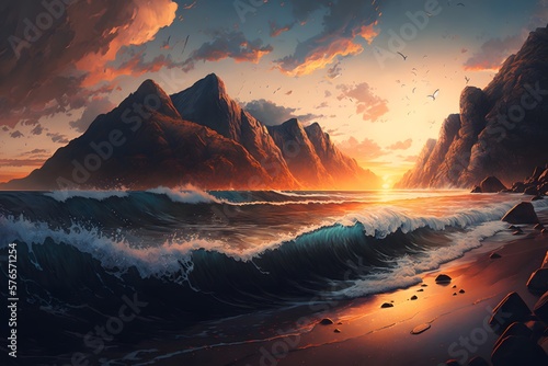 sea waves sunset created using AI Generative Technology