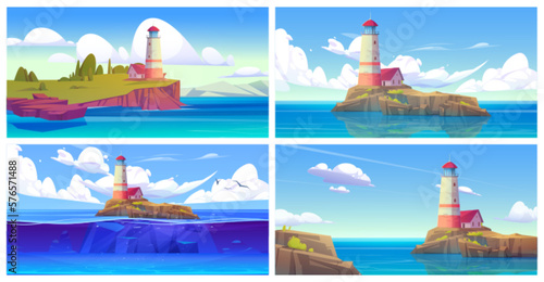 Cartoon set of seascape scenes with lighthouse on island. Vector illustration of nautical tower building on piece of rocky land with green trees and lawn under blue sky, white clouds, birds flying