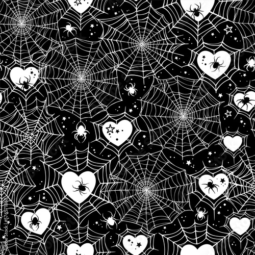 Cute gothic seamless pattern of hearts braided with cobwebs