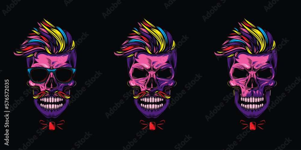 Original vector illustration in vintage style. A hipster skull with a trendy hairstyle. T-shirt design, design element.