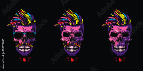Original vector illustration in vintage style. A hipster skull with a trendy hairstyle. T-shirt design, design element.