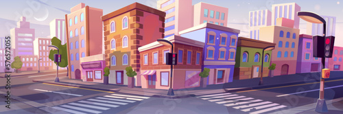 City street corner with buildings and traffic lights. Vector cartoon illustration of empty crossroads, urban old and modern houses, shops, restaurants, green trees on sidewalk. Downtown neighborhood
