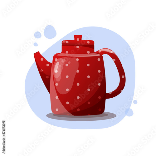 Red teapot with white polka dots. A rustic-style teapot.