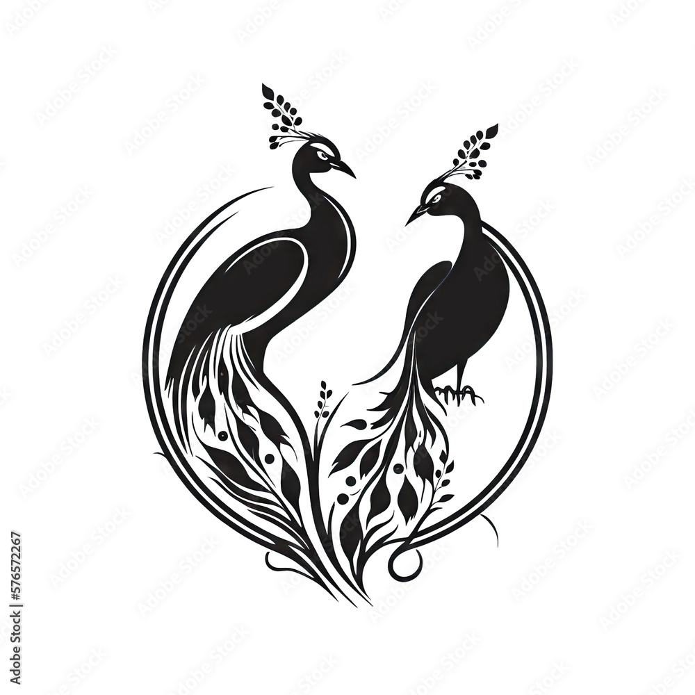 Fototapeta premium two peacocks black and white 2D minimalist luxury logo vector logo on transparent background PNG Generative AI