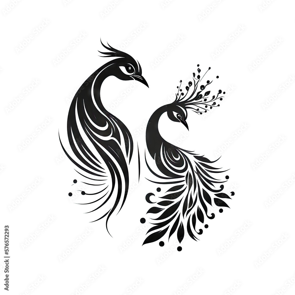 two peacocks black and white 2D minimalist luxury logo vector logo on