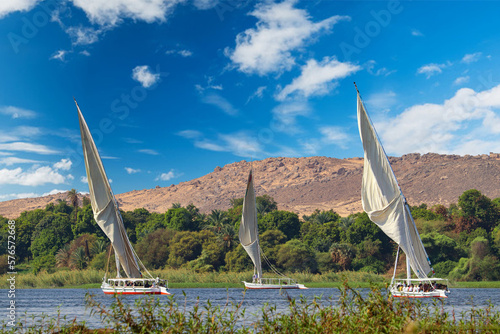 Beautiful river Nile and local boats (feluccas) near Aswan, Egypt 