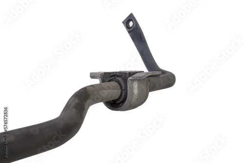 car suspension anti-roll bar with selective focus on rubber bushing with bracket. repair and maintenance of vehicles.