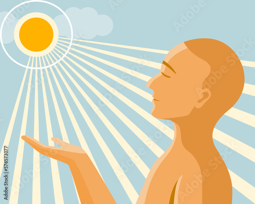 A tan skin man under the sunshine for get more vitamin D from the sun light, healthy lifestyle concept. flat vector illustration.	