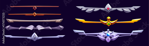 Set of medieval game reward badges isolated on dark background. Vector illustration of gui rank buttons with wood, stone, iron, gold, silver metal texture, decorated with gemstone. Ui design elements