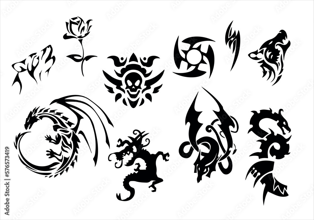 Black and white tattoo of a wolf, lizard, dragon, rose, patterns, skull