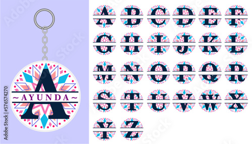  Round Split Alphabet Monogram Letters Set A-Z  Graphic Vector, Round Keychain Designs Vector 