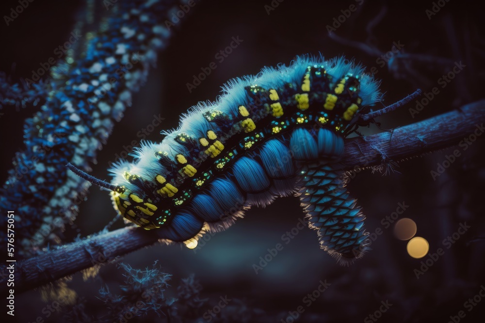caterpillar on a branch in the night - obrazy, fototapety, plakaty 