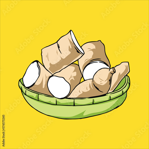 Cassava Vector Illustration with Slice , Cartoon,logo on yellow Background photo