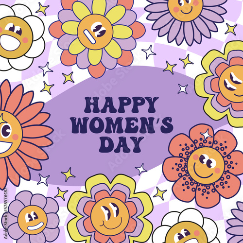 Seventies retro Flower Power background with hippie flowers. International Womens day. 8th March Day. Mothers day. Colorful illustration in 70s 60s vintage style.