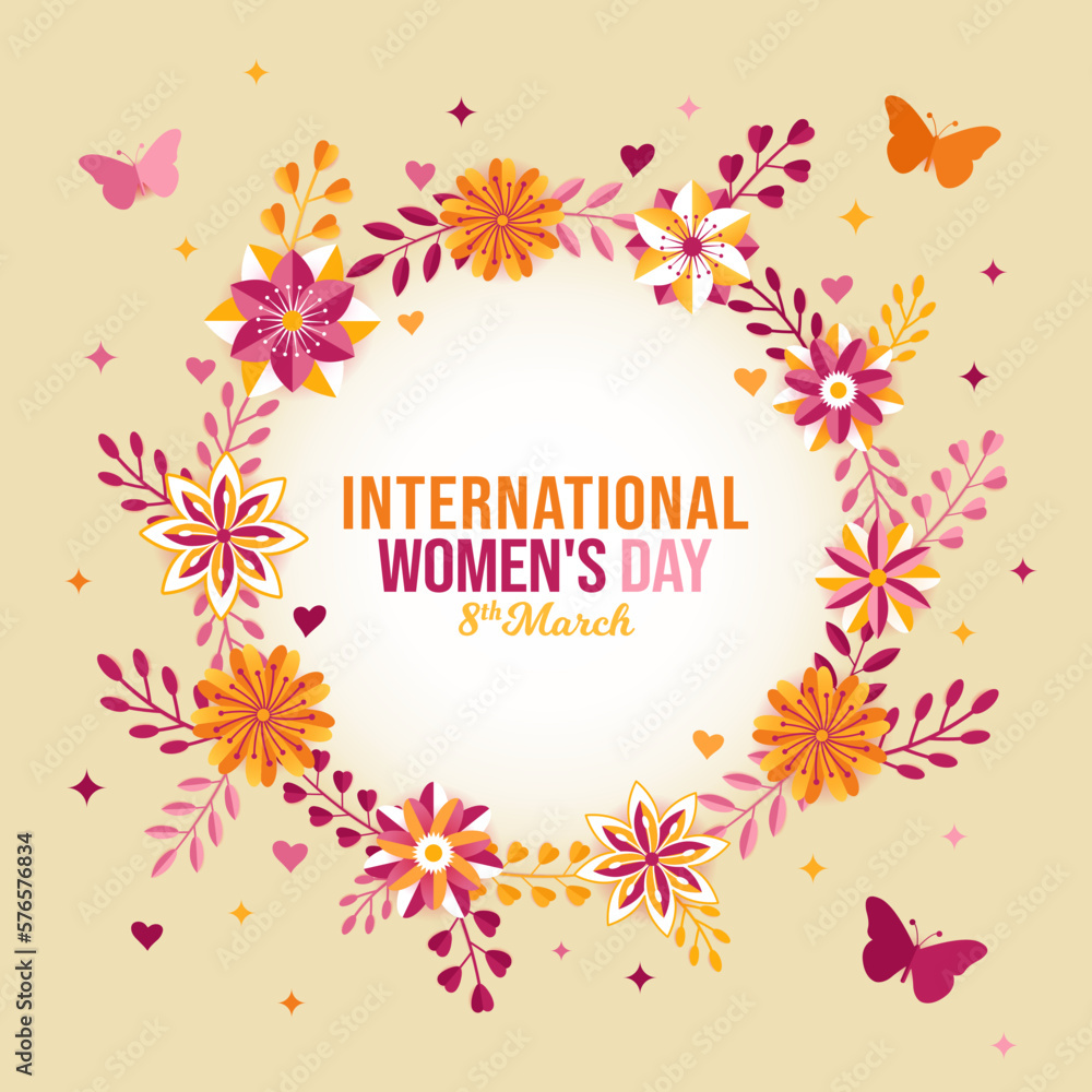 International Women Day Floral wreath concept Background. March 08 colorful celebration poster. Square banner vector illustration. Website header, social media post, greeting card graphic resource