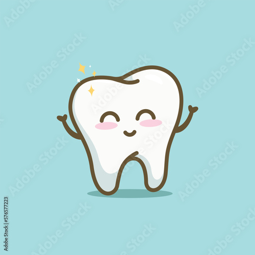Cute cartoon smilling shiny teeth with star blink character vector illustration health dentist icon © Satisfactoons