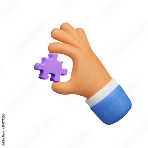 Hand holding puzzle icon. Vector 3d jigsaw piece in fingers, isolated on white background