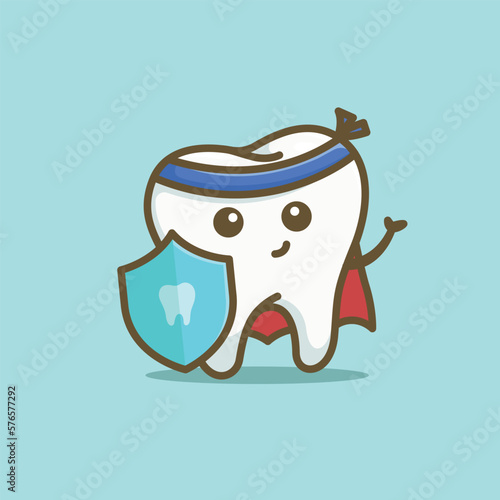 Cute cartoon super hero tooth with shield character vector illustration health dentist icon