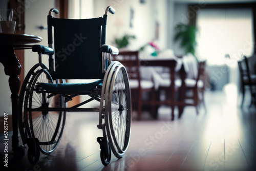 Wheelchair in a nursing home. Empty wheel chair, hospital room interior. Generative AI