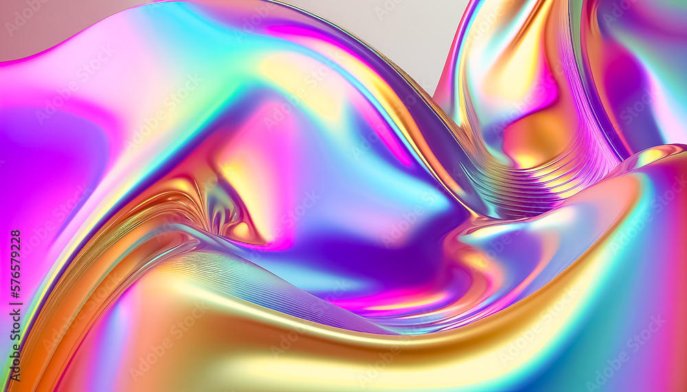 Holographic liquid background. Holograph color texture with foil effect. Halographic iridescent backdrop. Pearlescent gradient for design prints. Rainbow retro color metal. Generative AI.