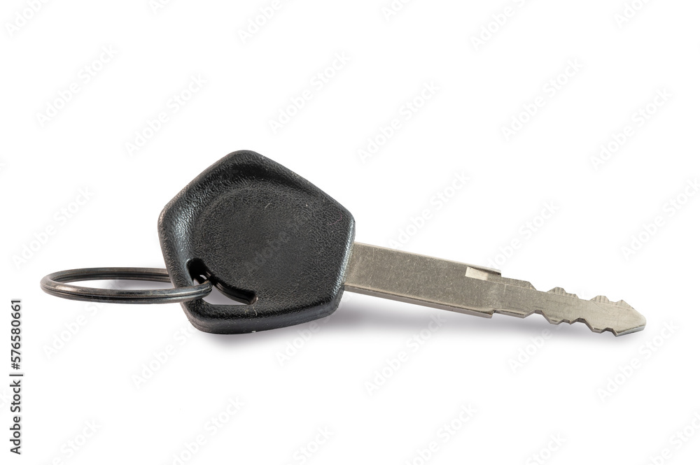 Black motorcycle keys with keychain isolated on white background with copy space and clipping path. Black motorcycle keys with keychain isolated on white background with copy space and clipping path.